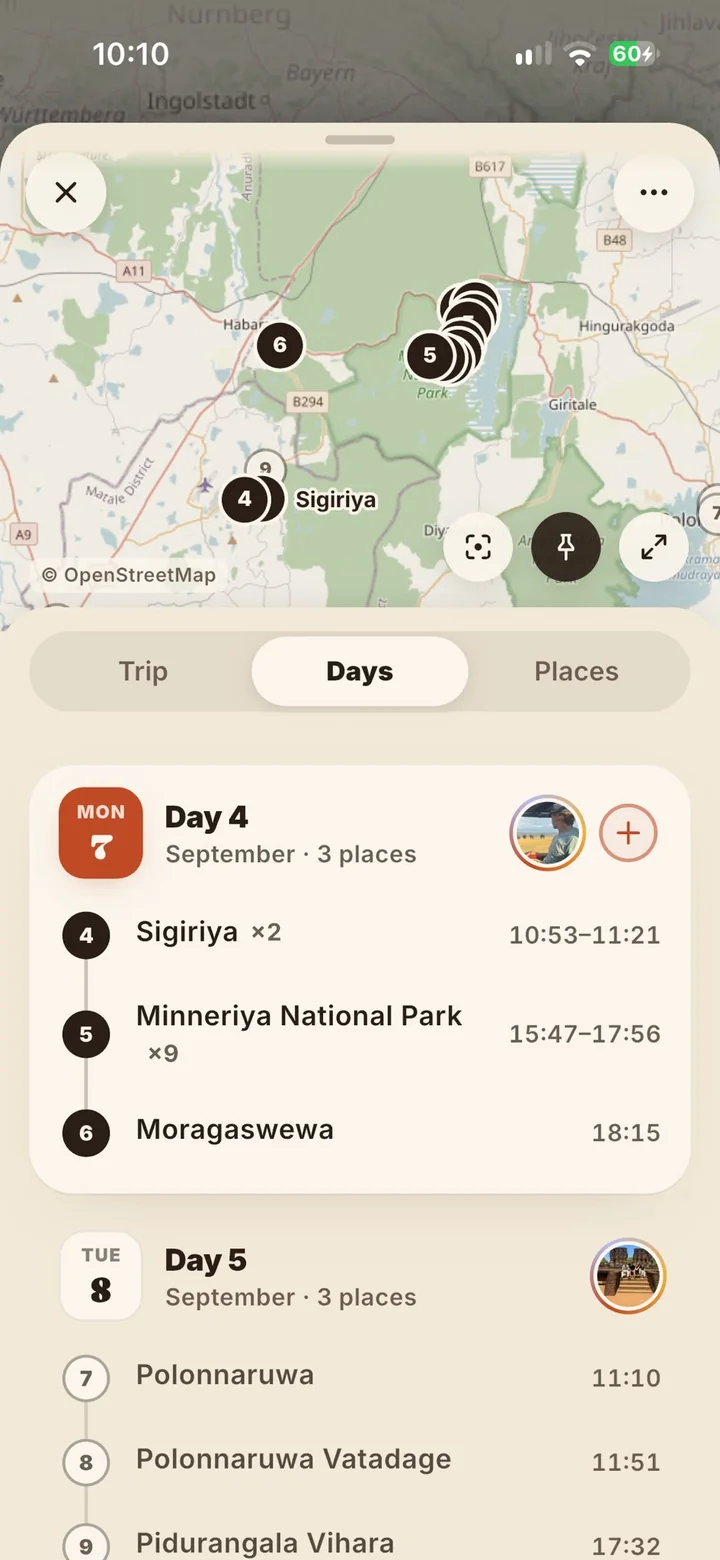 A trip found in the photos: countries, regions and places, the stamps and the day by day list